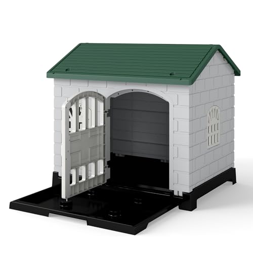COSTWAY Cuccia per Cani da Esterno ed Interno, Casetta Impermeabile e Ventilata con Vassoio Toilette Rimovibile, Porta Bloccabile, 3 Finestre e Tetto a Pendenza, per Cani di Piccoli e Gatti (Verde)