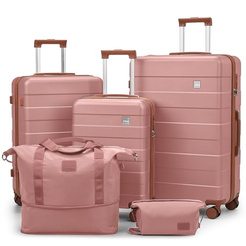 Image of imiomo Hard Shell Luggage Sets 5 Piece for Women, Lightweight Hardside Rolling Suitcase Set with Spinner Wheels and TSA Lock, RoseGold