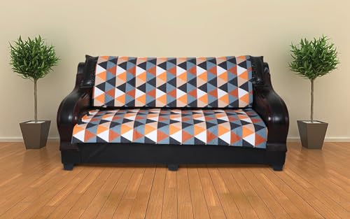 Image of 7 Seater Sofa Cover | Universal Non-Slip Fully Covered Protector for 3+2+2 Sofa Set | Durable Slipcover for Living Room Modern Geometric (Orange-Black Harmony)