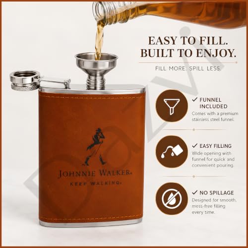 Image of Stainless Steel Hip Flask for Men & Women 8oz (236ml) - Whisky Flask Vodka Alcoholic Liquor Holder with Funnel Drinks Pocket Carrying Case - Leakproof Travel Flasks for Drinks, (Brown JW)