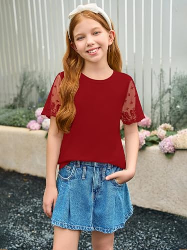 Image of Haloumoning Girls Lace Short Sleeve T Shirts Kids Summer Crewneck Tunic Tops Curved Hem 5-14 Years