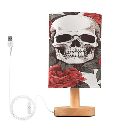 SDMKA Skulls with Red Roses Bedside Table Lamp for Bedroom, Minimalist Nightstand Lamp with Round Fabric Shade for Living Room, Office, No Bulb Required