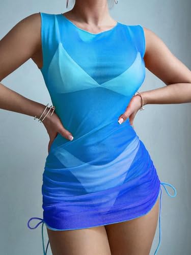 Image of ZAFUL Women Swimsuit Cover Up Dress Ombre Side Ties Sleeveless Sheer Mesh Bathing Suit Coverups Beach Dress