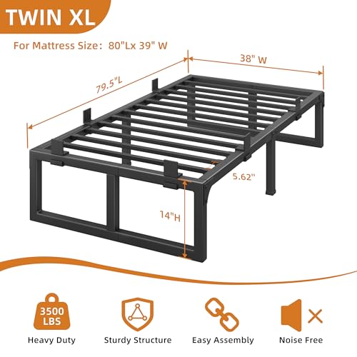 Image of 14 Inch Metal Twin XL Bed Frame with Steel Support, Noise-Free | Easy Assembly, Underbed Storage, U-Shaped Groove, 6 Mattress Baffles, No Box Spring Needed, Rubber Pads, Squeak Free, Black