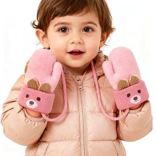Süße Babyhandschuhe Cartoon Fäustlinge Mit Schnur Kuschelige Winterhandschuhe Outdoor Fäustel Warme Handschuhe Fausthandschuh Gloves Geschenke Für Säuglinge Kleinkinder Kindergarten (0-3 Jahre)