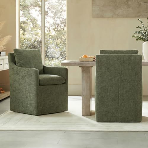 Image of KISLOT Upholstered Dining Chairs with Casters, No Assembly Modern Accent Armchair with Rollers for Dining Room, Bedroom, Living Room, Reading Room, Already Assembled, Green, 1 Box