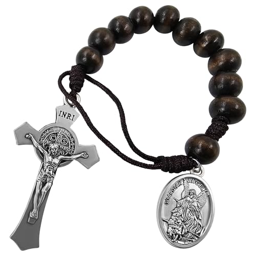TALISMAN4U Rosário de bolso para medalha de São Bento, crucifixo de uma década, contas de madeira de