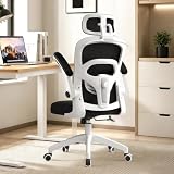 Silla de Oficina Ergonómica con Soporte Lumbar y Reposacabezas Regulables, Silla Escritorio Cómoda con Reposabrazos Abatibles, Silla Ordenador de Malla Transpirable para Home Office, Estudio y Gaming