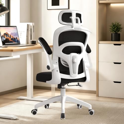 Silla de Oficina Ergonómica con Soporte Lumbar y Reposacabezas Regulables, Silla Escritorio Cómoda con Reposabrazos Abatibles, Silla Ordenador de Malla Transpirable para Home Office, Estudio y Gaming