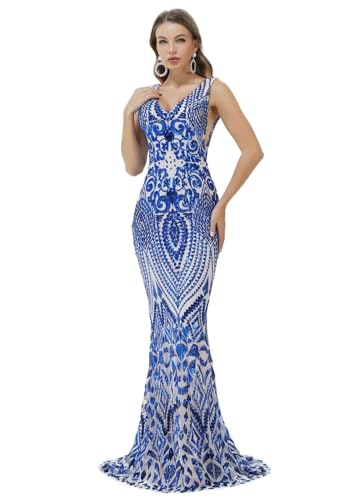 Image of Women's Wedding Bridesmaid Gown Sequined Mermaid V Neck Sleeveless Evening Dress