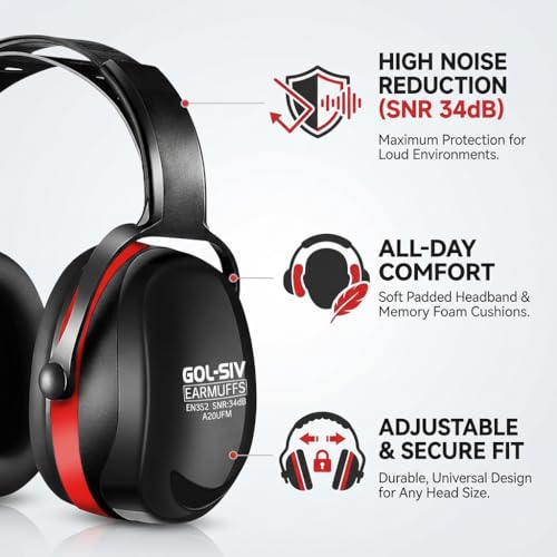 GOL-SIV SNR34dB Gun Range Ear Protection,Sound Proof Noise Reduction Earmuffs For Industrial,Shooting,Shooters,Black&Red by GOL-SIV - Image 2