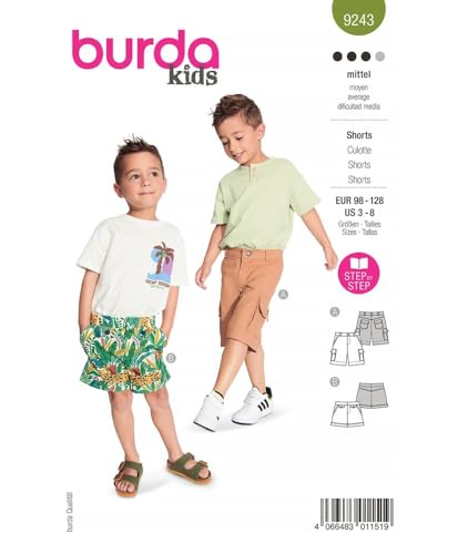 burdastyle Schnittmuster 9243 | Shorts für Jungs zum selber nähen | Jungen, Gr. 98-128 | Nählevel: fortgeschritten