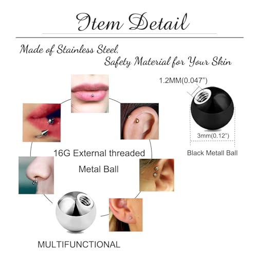 Besyvvin 20er Piercing Kugel 1,2mm Chirurgenstahl 3mm Schwarz Ersatzkugeln Schraubkugeln für Piercing Lippe Septum Nase Augenbrauen