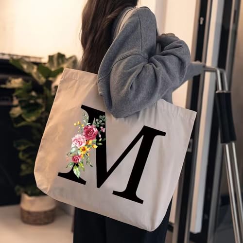 Miniatura 2 de Letras Personalizadas Bolsa De Lona, Bolso Tote De Mujer Con Inicial Y Flores Bolsa De Compras Con Bolsillo Interior Alfabeto Bolso De Cosméticos Regalos Para Damas Amigas Mamá Regalo Cumpleaños L