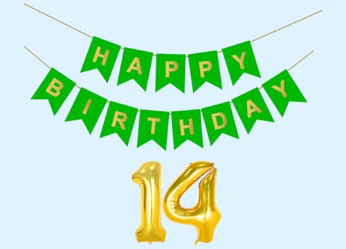 Image of 14th Happy Birthday Decoration Kit Green for 14 year Old Boys Girls Teenage with Number Fourteen Party Decorations Decor Celebration Items Item Set Combo Reusable Paper Banner