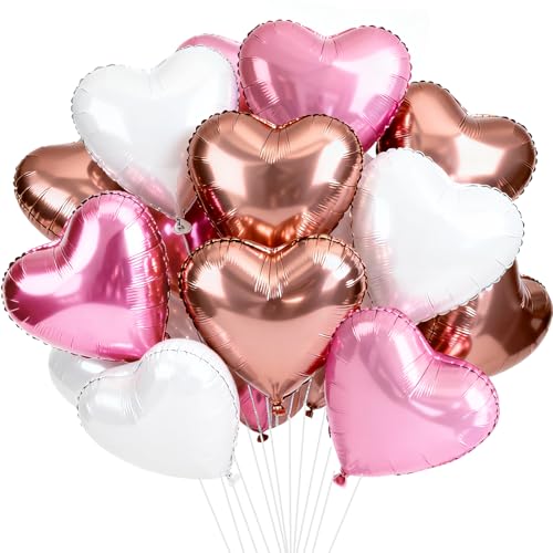 TONIFUL 30 Pcs 18 Inch Rose Gold Pink White Heart Shape Foil Mylar Balloons