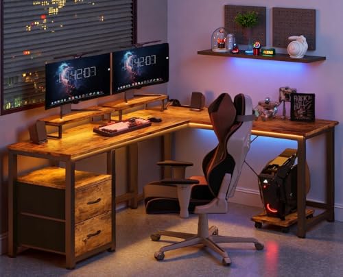 Gizoon 66 Inch L Shaped Gaming Desk with Drawers, Corner Computer Desk with Power Outlets, Home Office Desk with Monitor Stands & Moveable CPU Stand for Home Office Gaming, Rustic Brown