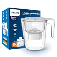Philips Water Caraffa filtrante + 6 cartucce filtranti di ricambio, Filtrazione Avanzata, flusso rapido, timer elettronico, filtra CLORO, CALCARE, METALLI PESANTI e MICROPLASTICHE, BIANCO, 2.6 litri
