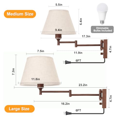 Image of TRLIFE Wall Sconce Plug in, Remote Control Dimming 10-100% and Adjustable Color Temperature 2700K-6500K Swing Arm Wall Lights with Plug in Cord, 11.8 inch Large Beige Fabric Shade(2 Pack, Walnut Color)