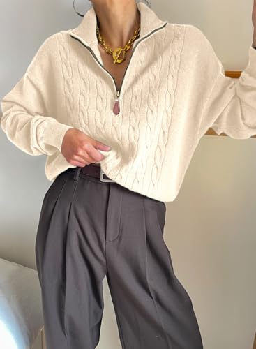 Dokotoo Women's Sweaters 2025 Fall Winter Quarter Zip Casual Ribbed Cable Knit Pullover3