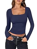 ANRABESS Women Double Lined Long Sleeve Crop Tops Shirts Square Neck Tight Fitted Going Out T-Shirt Basic Tee Outfits 2025 Navy Blue Medium