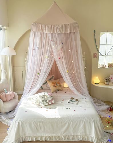 Bed Canopy for Girls with Star Lights, Round Dome Pincess Canopy Bed Curtains , Elegant Double Layer Mosquito Net, Girls Play Tent, Kids Reading Nook Canopies, Dreamy Bedding for Girls Room Decor