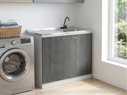 Image of Tuhome Napoles Utility Sink Base Cabinet with Integrated Stainless Steel Countertop, Freestanding Cabinet with Double Doors, Interior Shelf for Laundry Room, Utility Room, Mudroom or Kitchen
