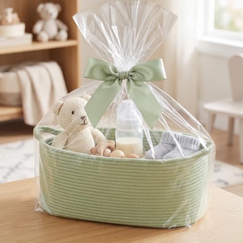 Image of Large Woven Gift Basket Empty, Green Cotton Rope Storage Bin, Dog Toy Box, Baby Nursery Organizer Bin, Decorative Big Shelf Basket, Blanket Storage, Room Decor, Sage Green, 19.6 inchx11 inchx7.8 inch