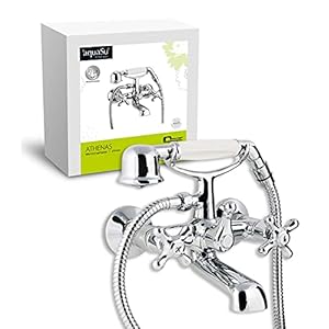 ‘aquaSu® Zweigriffmischer Athenas für Wanne inklusive Brausegarnitur | Wasserhahn Retro | Umsteller Badewannenarmatur | Wannenbatterie | Nostalgische Zweigriffarmatur | Kreuzgriffe | Chrom | 76802 3