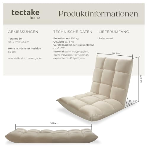 tectake® Relaxsessel, XXL Bodenstuhl faltbar mit Liegefunktion, Bodensessel mit Verstellbarer Rückenlehne, nutzbar als Sessel, Sitzkissen, Bodenkissen, Relaxliege oder für Meditation (beige)