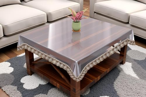Image of The Furnishing Tree Square Shaped Center Transparent Table Cover Size 42x42 inches 0.25 mm Thickness with Golden Lace