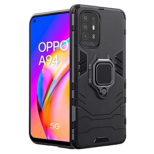 Image of WOW IMAGINE Shock Proof Back Case Mobile Cover for Oppo A94 | Back Cover Case (Tough Armor | Hybrid PC + TPU | Ring Holder & in-Built Kickstand | Black)