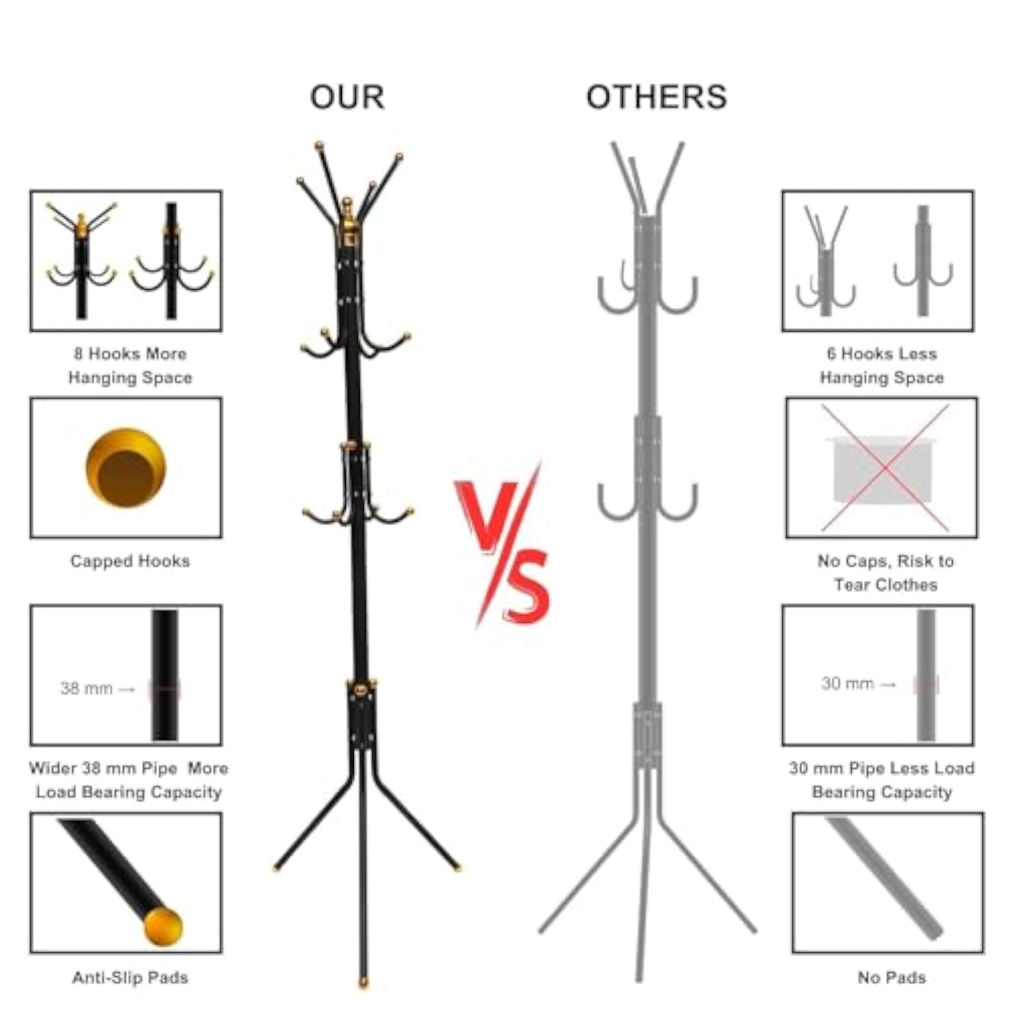 Iron Black 12 Hooks Coat Hanger Stand for Home and Office