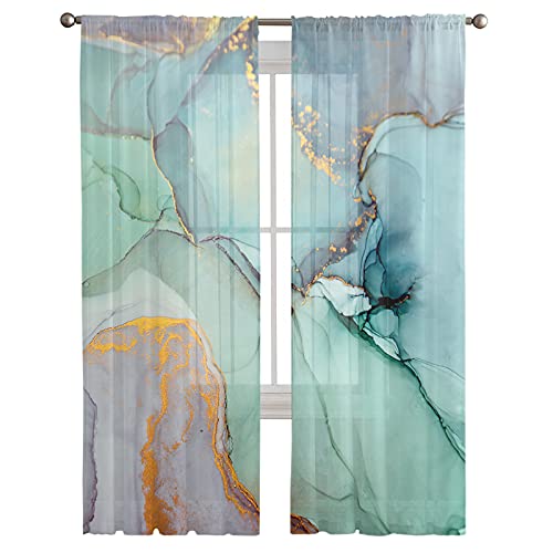Turquoise Marble Semi Sheer Curtains 84 Inches Long,Modern Abstract Ink Art Gold Stripes Teal Marble Window Treatments Curtains,Light Filter Curtains Rod Pocket Drapes For Living Room Bedroom,2 Panels #TOP2