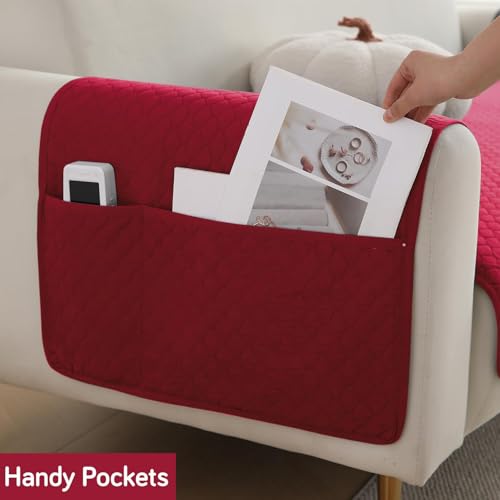 Image of HOKIPO Quilted 1 Seater Sofa Cover Set, One Seat Mat with Two Armrest Covers with Pockets, Maroon (NEW-IN-716+IN-787-MRN*2)