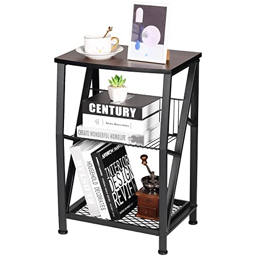 Ruboka 3-Tier End Tables, Side Table Nightstands with Steel Grid Storage Rack, Small Tables for Living Room, Bedroom, Study, Balcony, Brown Wooden Bedside Table -DESK50A