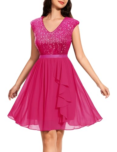 Wedtrend Vestido de Lentejuelas para Mujer, Manga Casquillo, Vestido de cóctel Brillante, Vestido Corto con Volantes, Vestido de Regreso a casa 2024, Fucsia, S