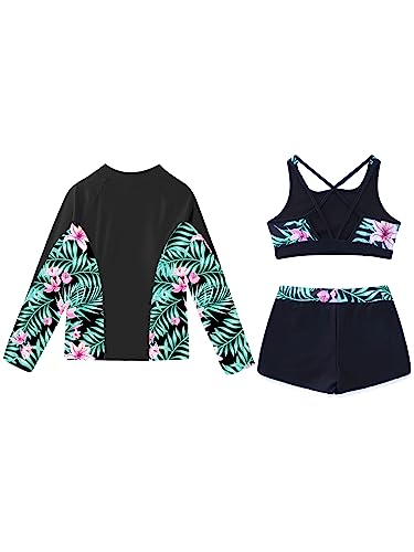3PCS Kids Girls Swimwear Long Sleeve Rashguard with Crop Top and Shorts for Beach Pool Swimming4