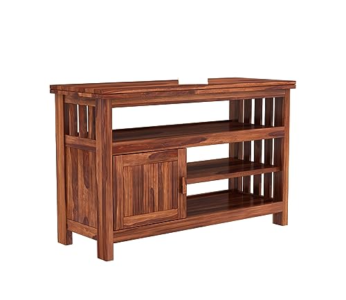Image of Premium Solid Sheesham Wood TV Unit with 3 Shelves and 1-Door Storage for up to 45-inch TV - Elegant Living Room Furniture (Brewer, Honey Finish)