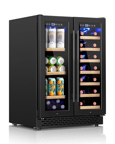 Image of Wine & Beverage Refrigerator Under Counter, 24 Inch Black Freestanding Wine Fridge with Wooden Shelves, Glass Door&Lock Beverage Cooler-20 Bottles & 88 Cans for Kitchen /Bar /Commercial