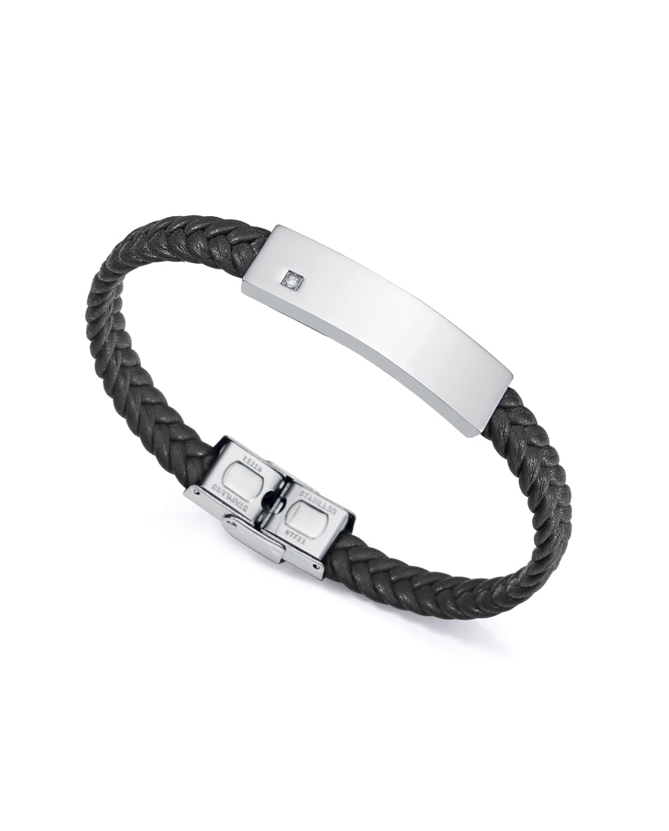 Viceroy Fashion 6484P01010 Pulsera Hombre - Acero y Piel Negra, Diamante 1 PT - 21,5 cm