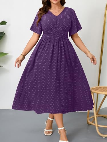 Image of RWJ Women's Plus Size Maxi Dress V Neck Short Sleeve Swiss Dot A Line High Waist Boho Swing Casual Summer Dresses