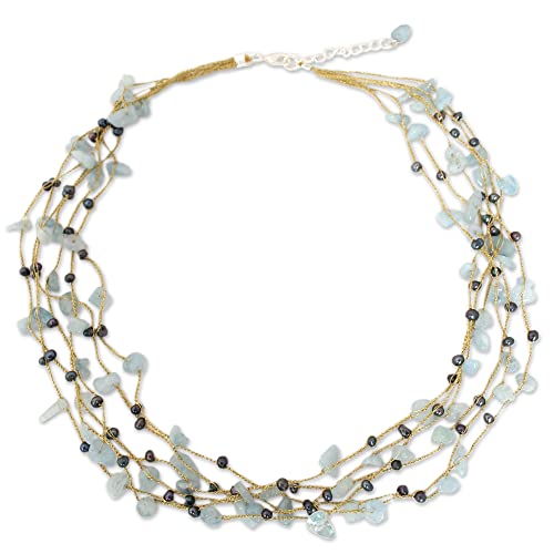 NOVICA Artisan Handmade Cultured Pearl Aquamarine Beaded Necklace Thai Silver Plated Gold Tone Clear Thailand Birthstone [necklace 21.25 in L x 0.8 in W Extender 1.6 in L] ' Afternoon Sigh'