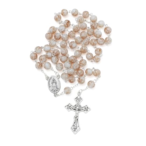 KMIMO - Collar rosario de perlas de cristal con medalla de Nuestra Señora de Lourdes y crucifijo, rosario de oración católica de 8 mm para mujer con bolsa de rosario, 76 cm, Vidrio