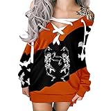 Sexy Off Shoulder Dress for Women Halloween Pumpkin Face Print Strappy Criss Cross Colorblock Mini Sweatshirt Dress