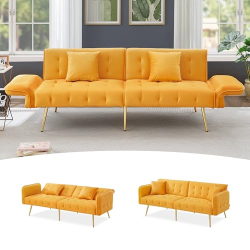 Ojiuboo Moderno divano letto matrimoniale versatile pieghevole con schienale regolabile e braccioli in velluto ideale per il soggiorno con comodi cuscini, 215 x 81,5 cm (giallo)