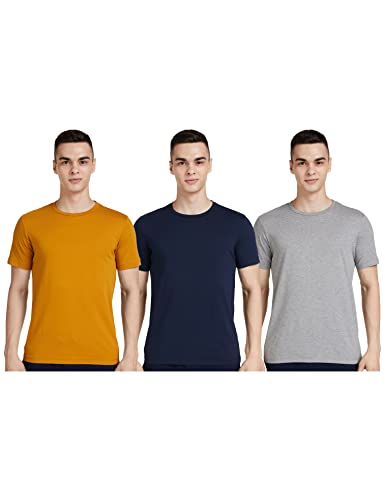 Amazon Brand - Symbol Men's Solid Cotton T Shirt | Plain | Round Neck | Half Sleeve - Regular Fit | Combo Pack of 3 (Available in Plus Size) (Nvy+Inca gld+Mid Gry Mel_S)