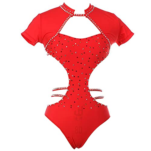 Ladies One Piece Hollow Pole Dance Clothes Red Diamond Competition Training Suit