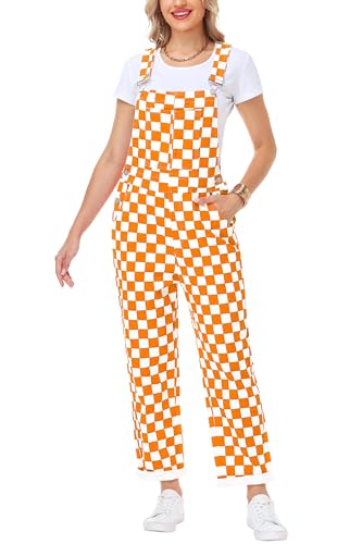 Magrank Womens Fashion Denim Straps Bib Overalls Orange and White Checkered Pants Cotton Stretch Jeans Coveralls S