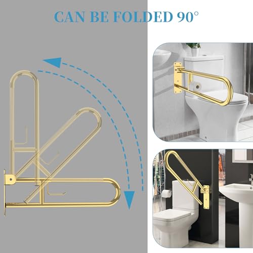 Image of Toilet Grab Bar 30.3 Inch Gold, Munzong Anti-Slip Handicap Grab Bars with Paper Holder, Flip-Up Bathroom Safety Rails, Stainless Steel Knurled Support handrails for Seniors Elderly Disabled Pregnant